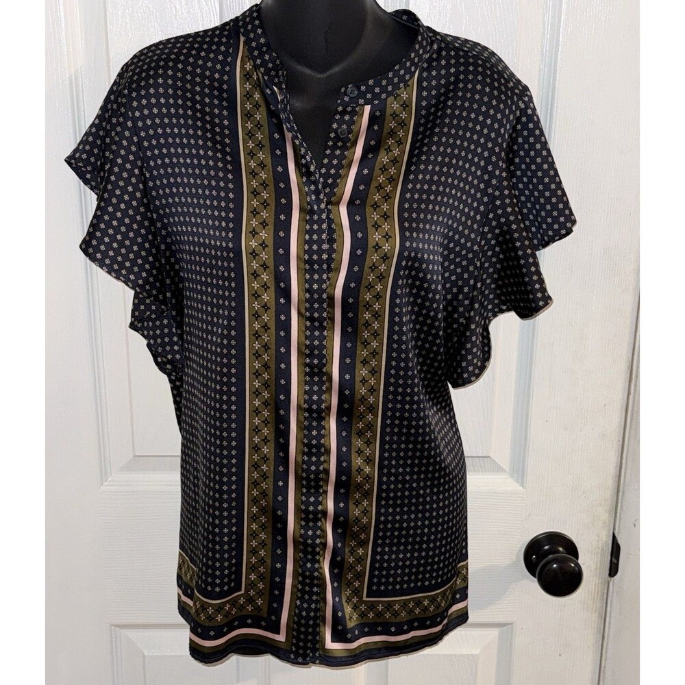Ann Taylor Women's size Large Navy Pink Tan ruffle sleeve blouse work
